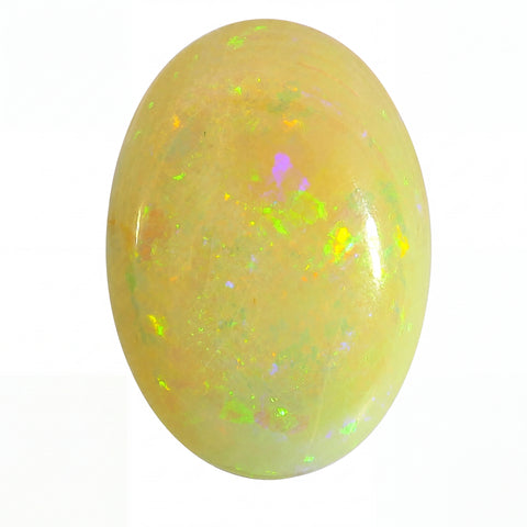 Opal stone with colourful speckles on a white background