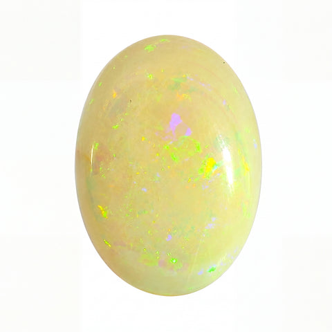Opal stone with colourful speckles on a white background