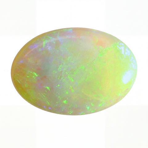Oval-shaped opal gemstone with multicolour play of light on a white background
