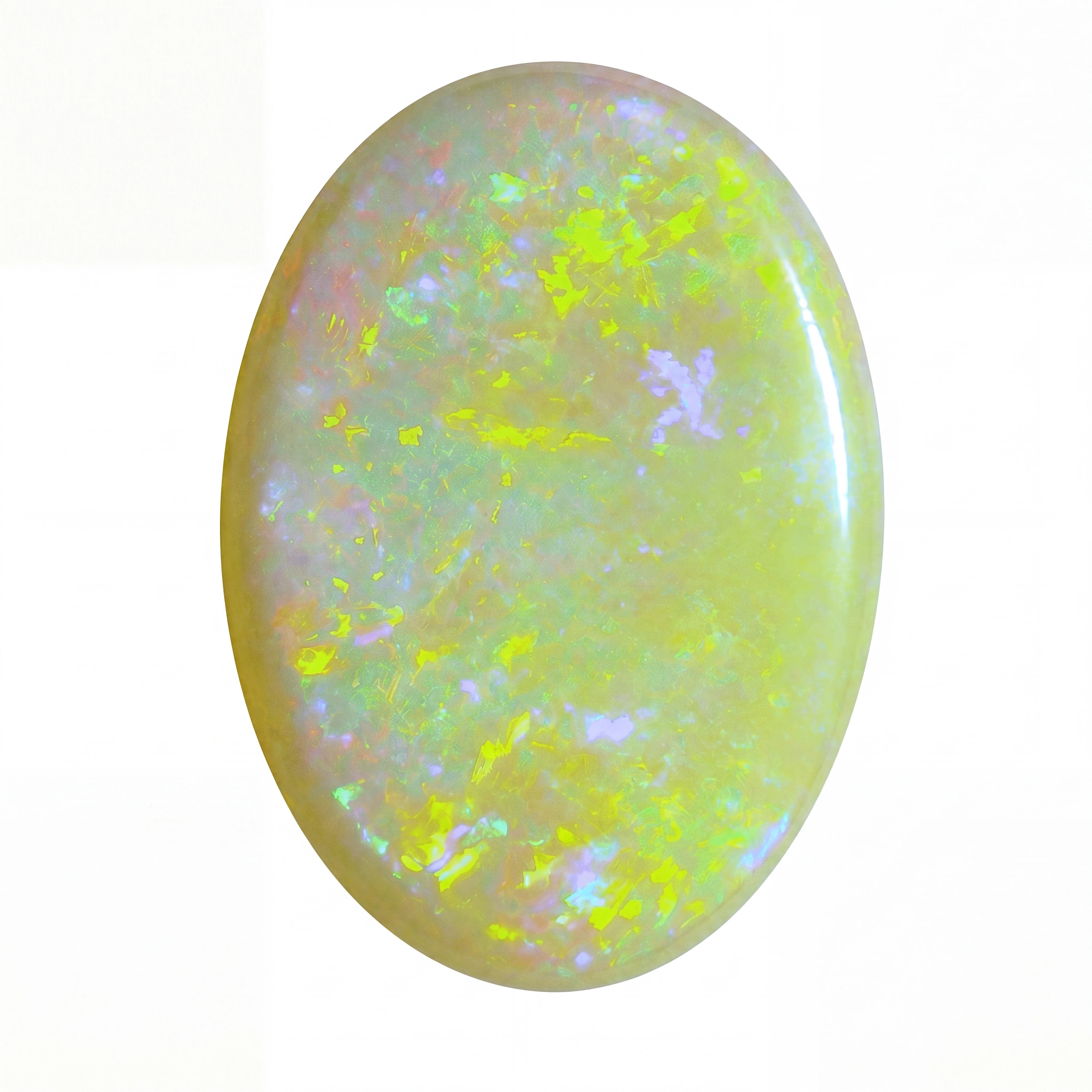 Oval-shaped opal stone with multicoloured speckles on a white background