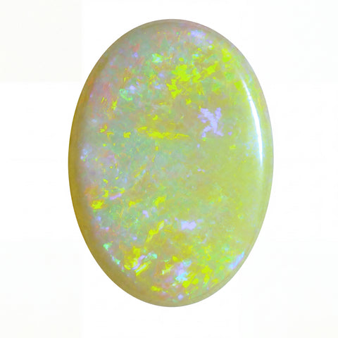 Oval-shaped opal stone with multicoloured speckles on a white background