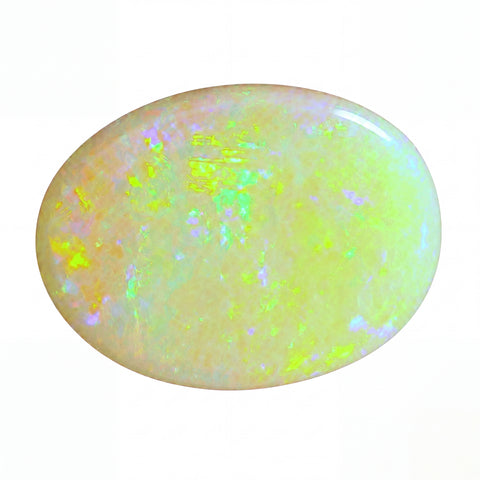 Opal stone with multicoloured play of light on a white background