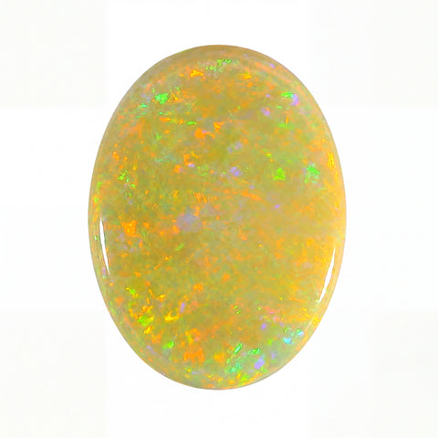 Oval-shaped opal stone with multicoloured speckles on a white background