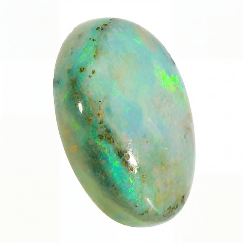 Opal stone with green and blue hues on a white background