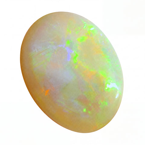 Opal gemstone with multicoloured play of light on a white background