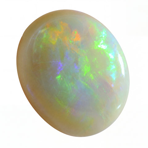 Opal stone with multicoloured play of light on a white background