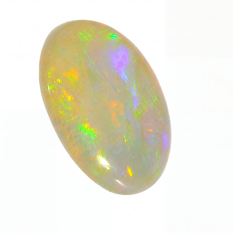 Opal stone with multicolour play of light on a white background