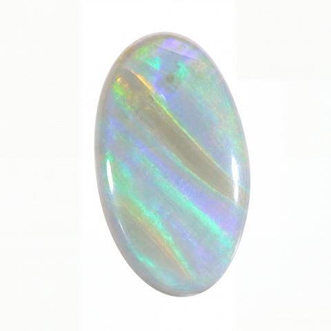 Opal stone with multicoloured play of light on a white background