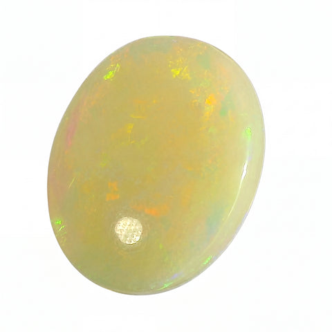 Opal gemstone with multicoloured play of light on a white background