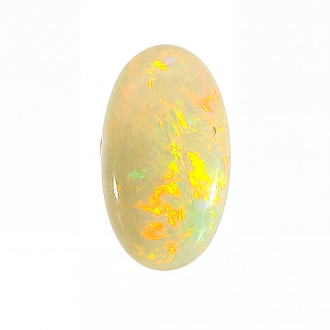 Oval-shaped opal gemstone with a play of colours on a white background