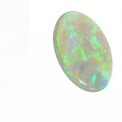 Opal stone with colourful play of light on a white background