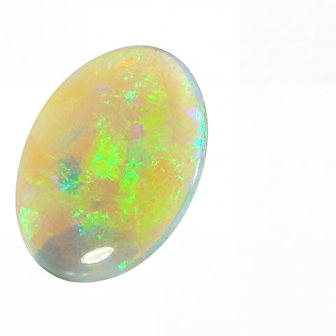 Opal stone with colourful play of light on a white background