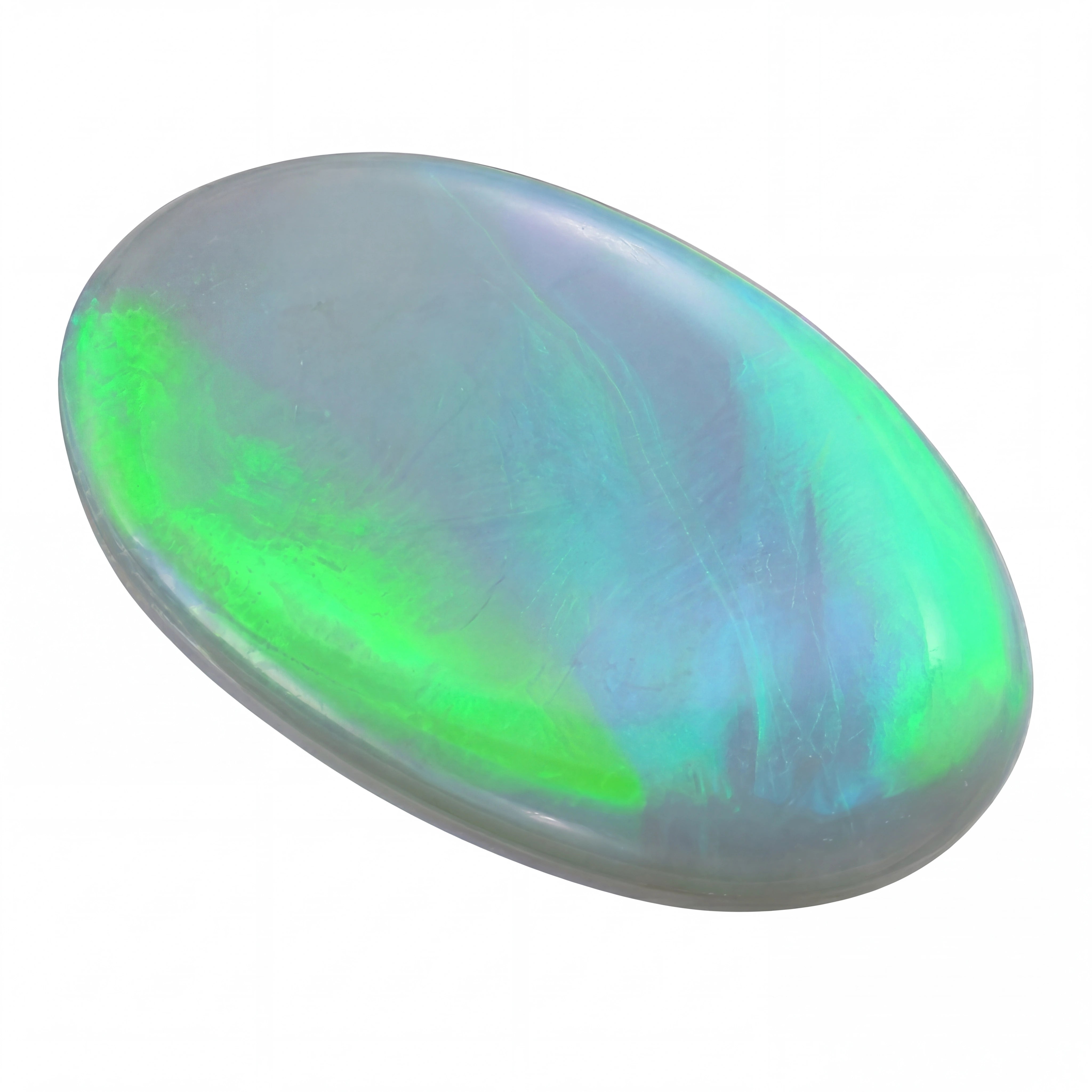 Opal stone with green and blue hues on a white background