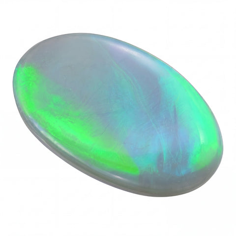 Opal stone with green and blue hues on a white background