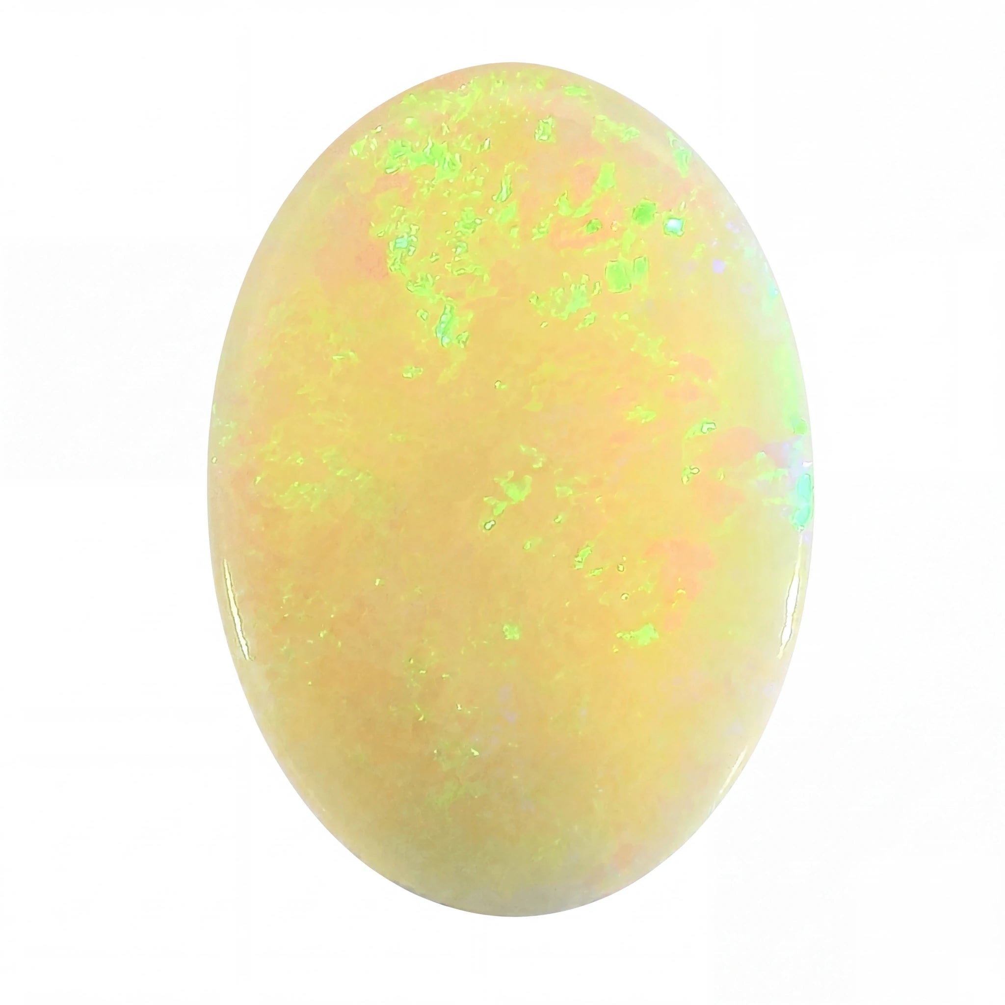 A polished oval cabochon gemstone showing a soft iridescent colour mix of pale yellow, peach, and neon green flashes, isolated on a white background.