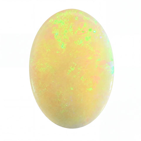 A polished oval cabochon gemstone showing a soft iridescent colour mix of pale yellow, peach, and neon green flashes, isolated on a white background.