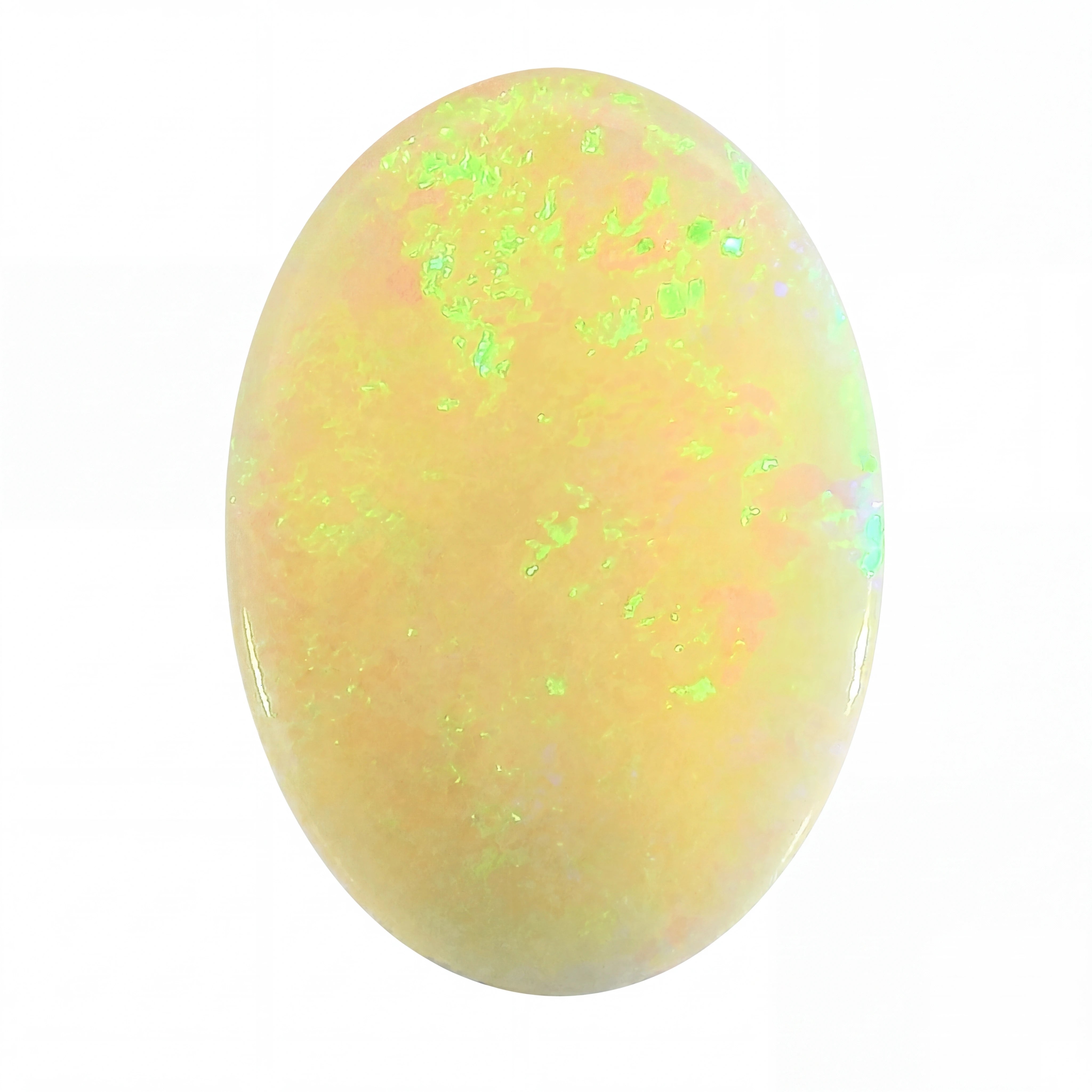 Oval-shaped opal stone with multicolour fluorescence on a white background