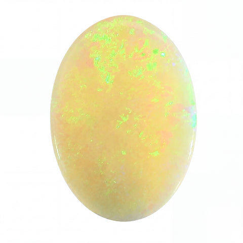 Oval-shaped opal stone with multicolour fluorescence on a white background