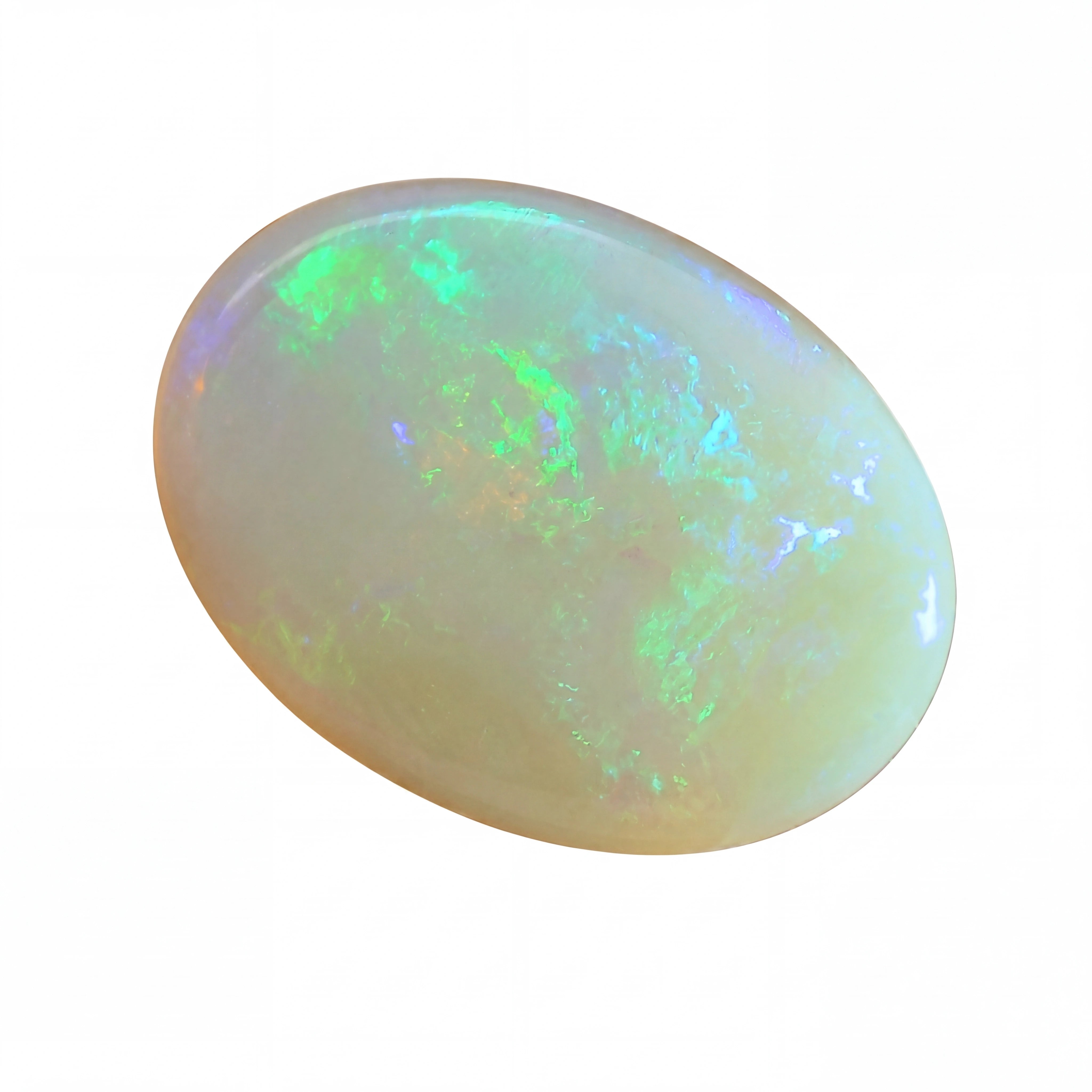 Oval-shaped opal gemstone on a white background