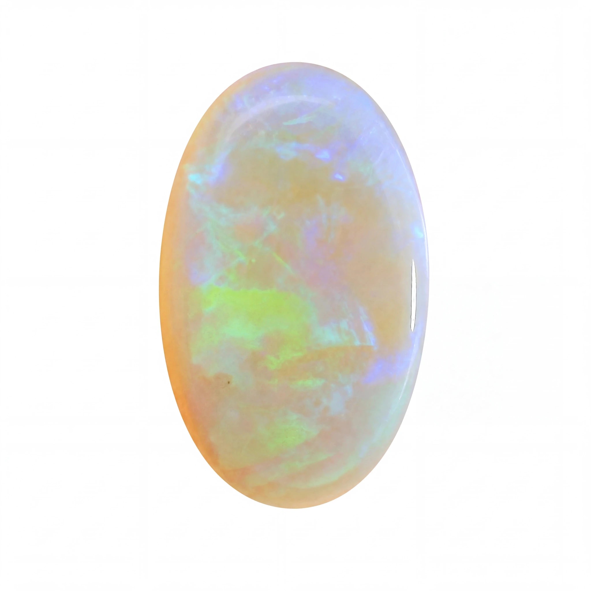 A polished oval cabochon gemstone with a pearlescent iridescent play-of-colour, displaying soft peach, lavender, and neon green hues on a solid white background.