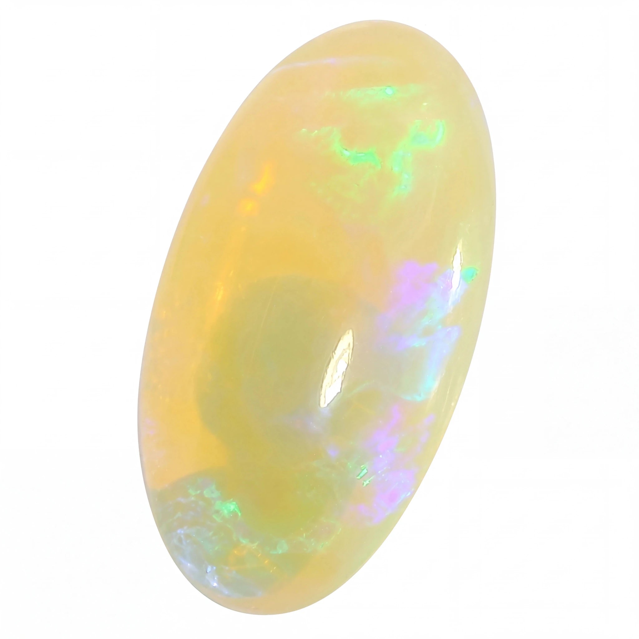 Opal stone with multicoloured play of light on a white background