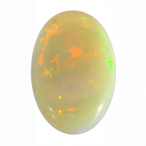 Oval-shaped opal gemstone with multicoloured play of light on a white background