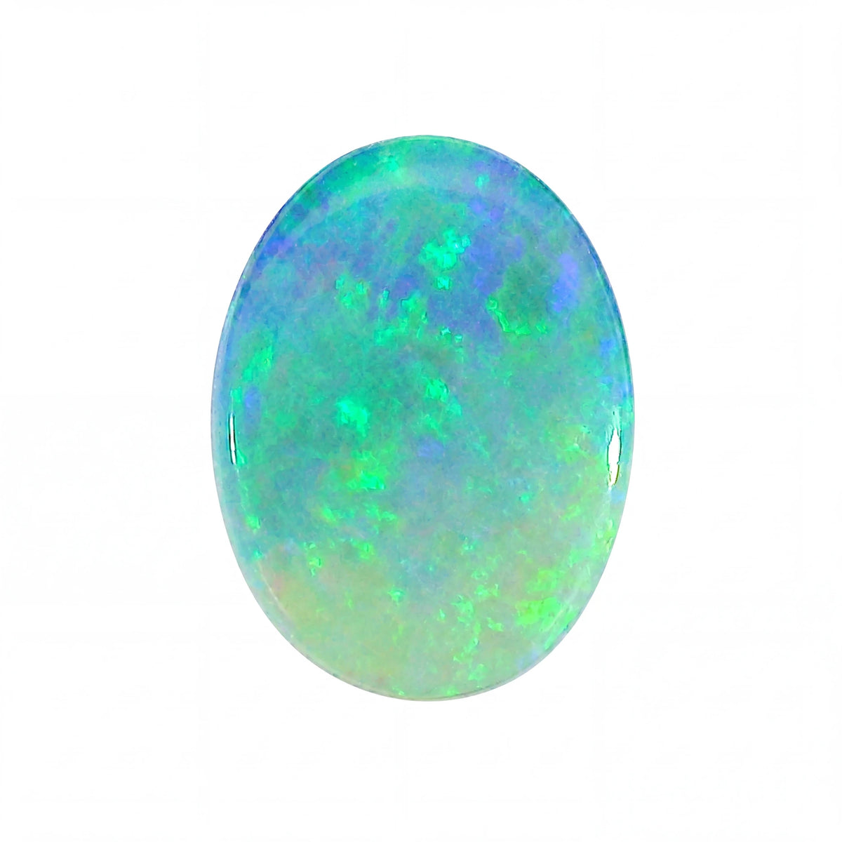 Oval-shaped opal gemstone with vibrant green and blue colours on a white background