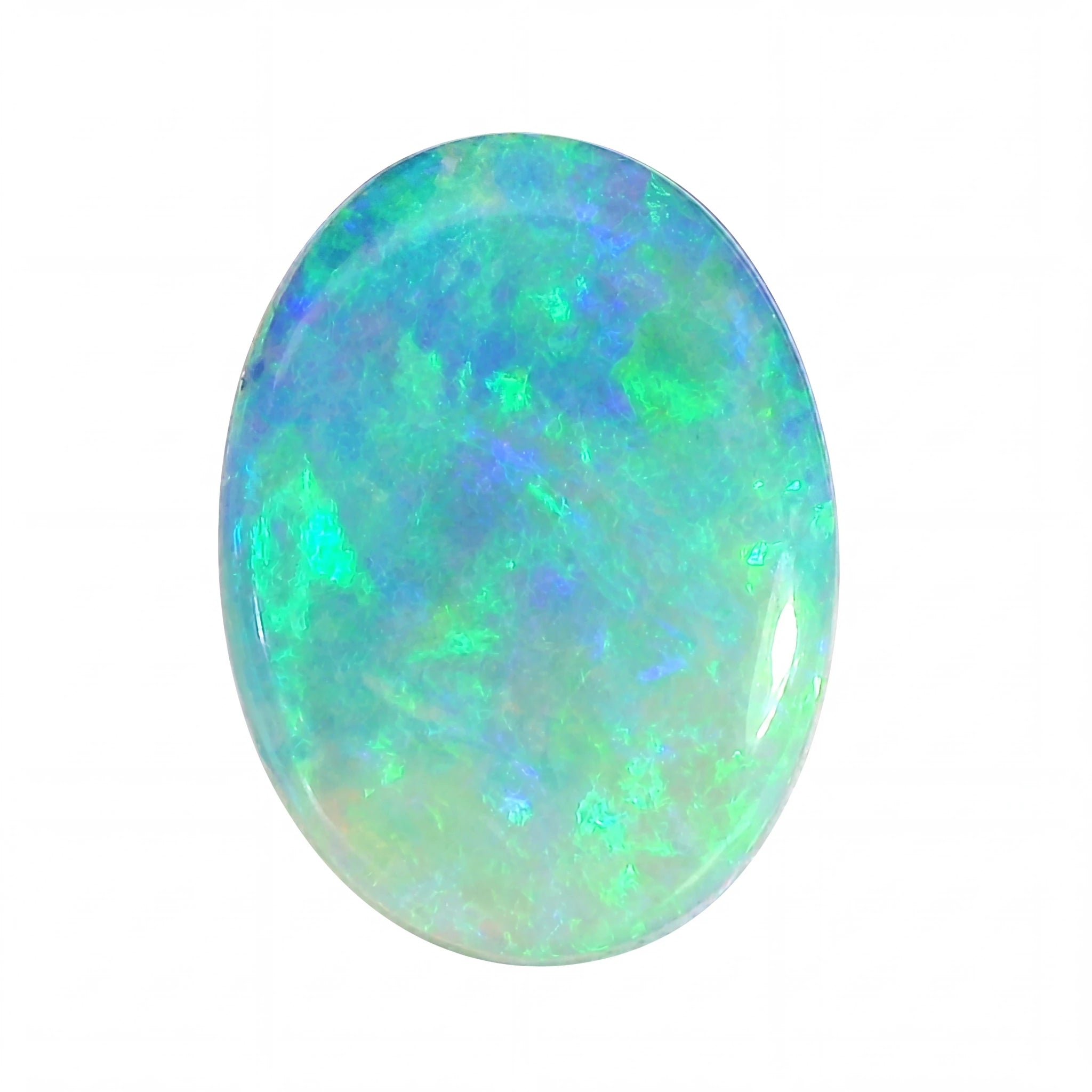 Oval-shaped opal gemstone with multicolour play on a white background