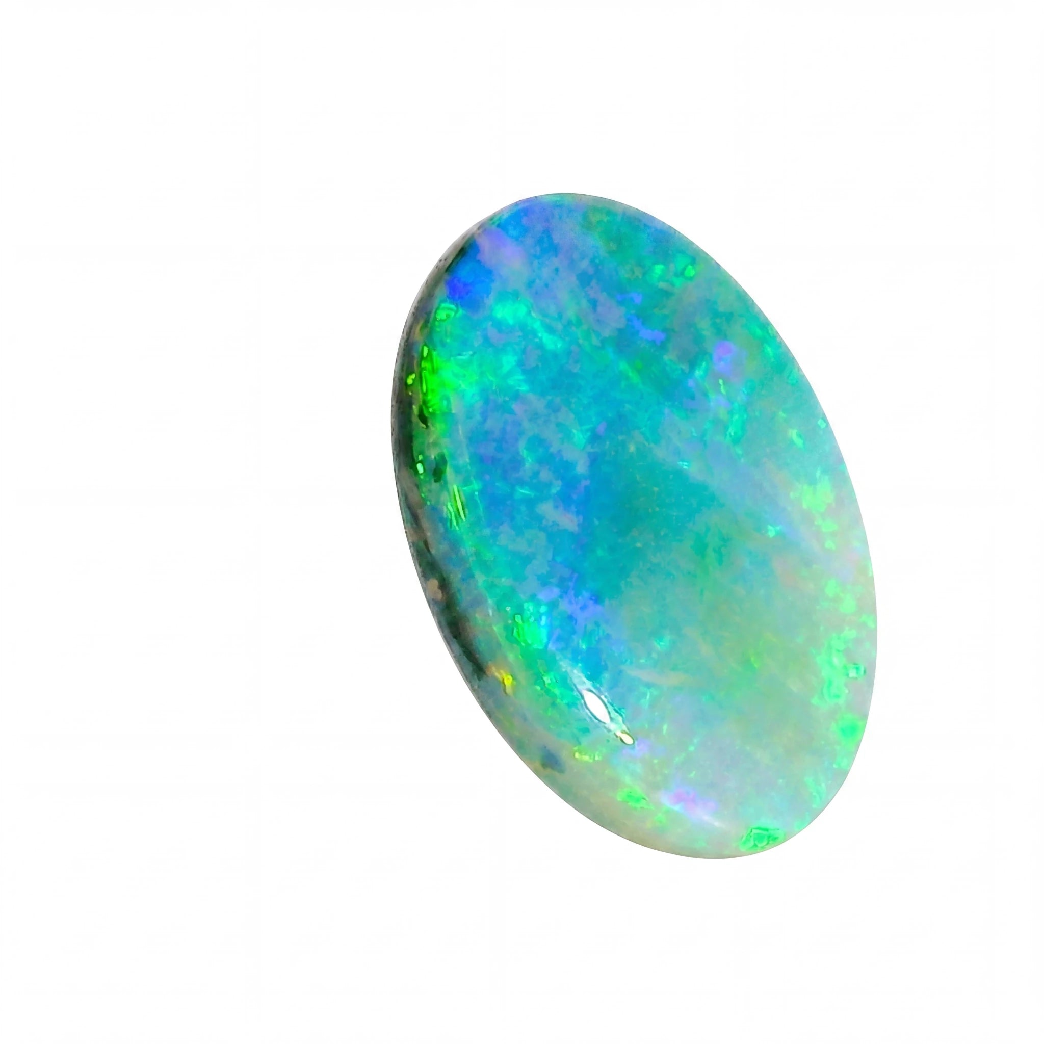 Oval-shaped opal gemstone with multicolour play on a white background