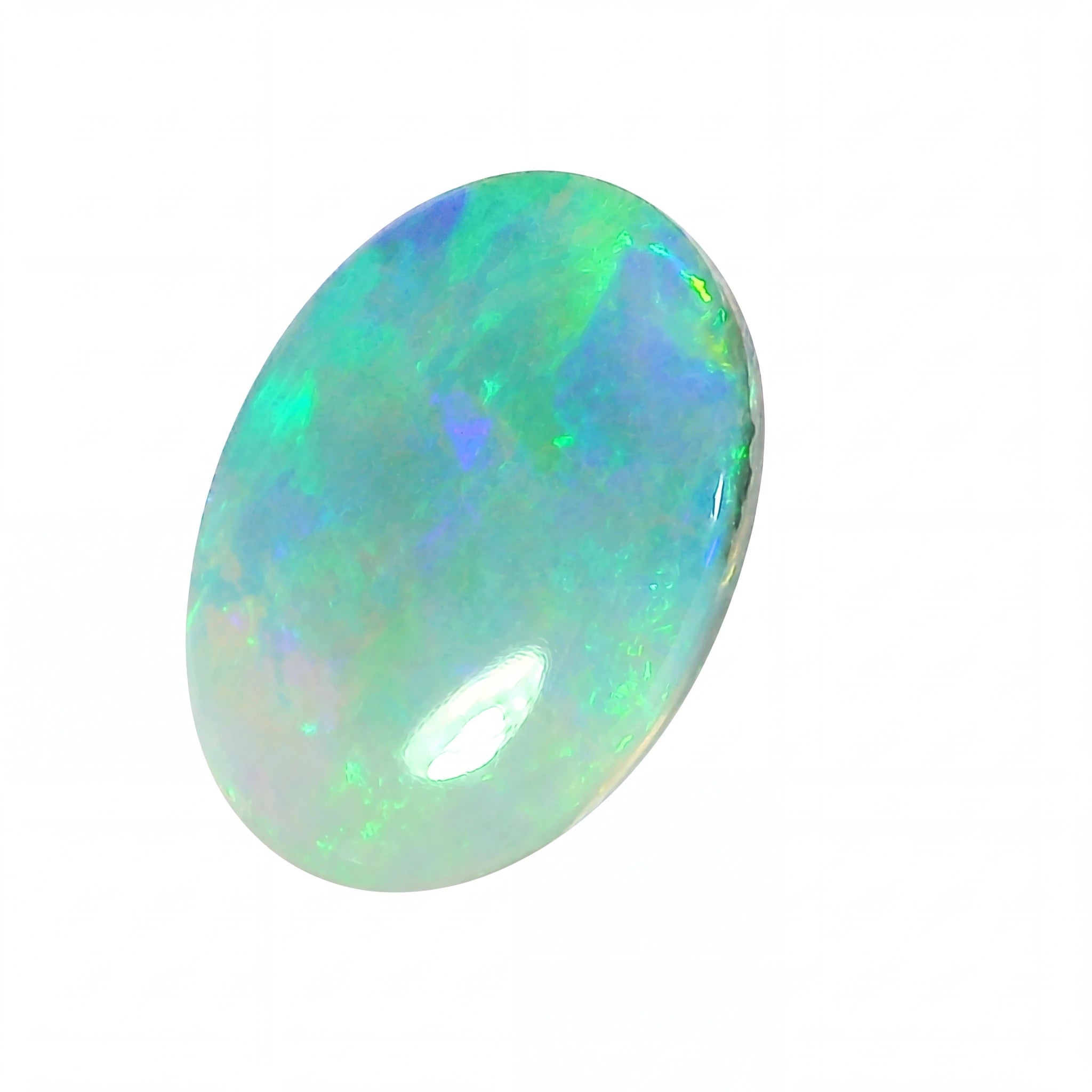 Oval-shaped opal gemstone on a white background
