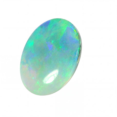 Oval-shaped opal gemstone on a white background