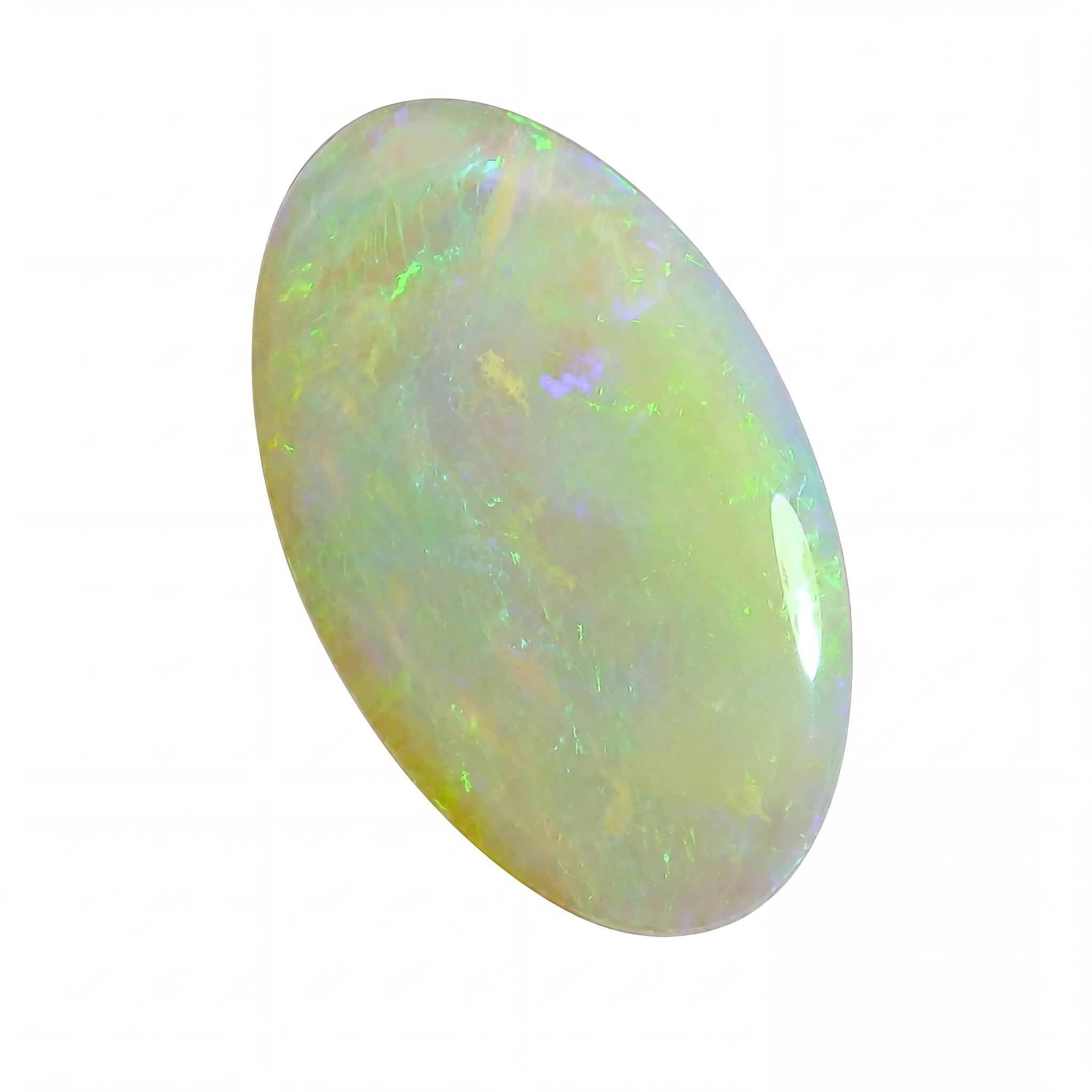 Opal stone with multicolour play of light on a white background