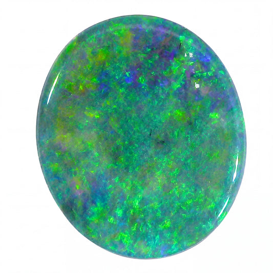Round opal stone with green and blue fluorescence on a white background