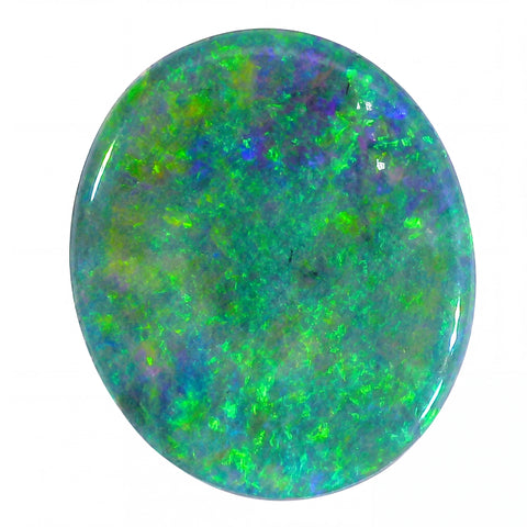 Round opal stone with green and blue fluorescence on a white background