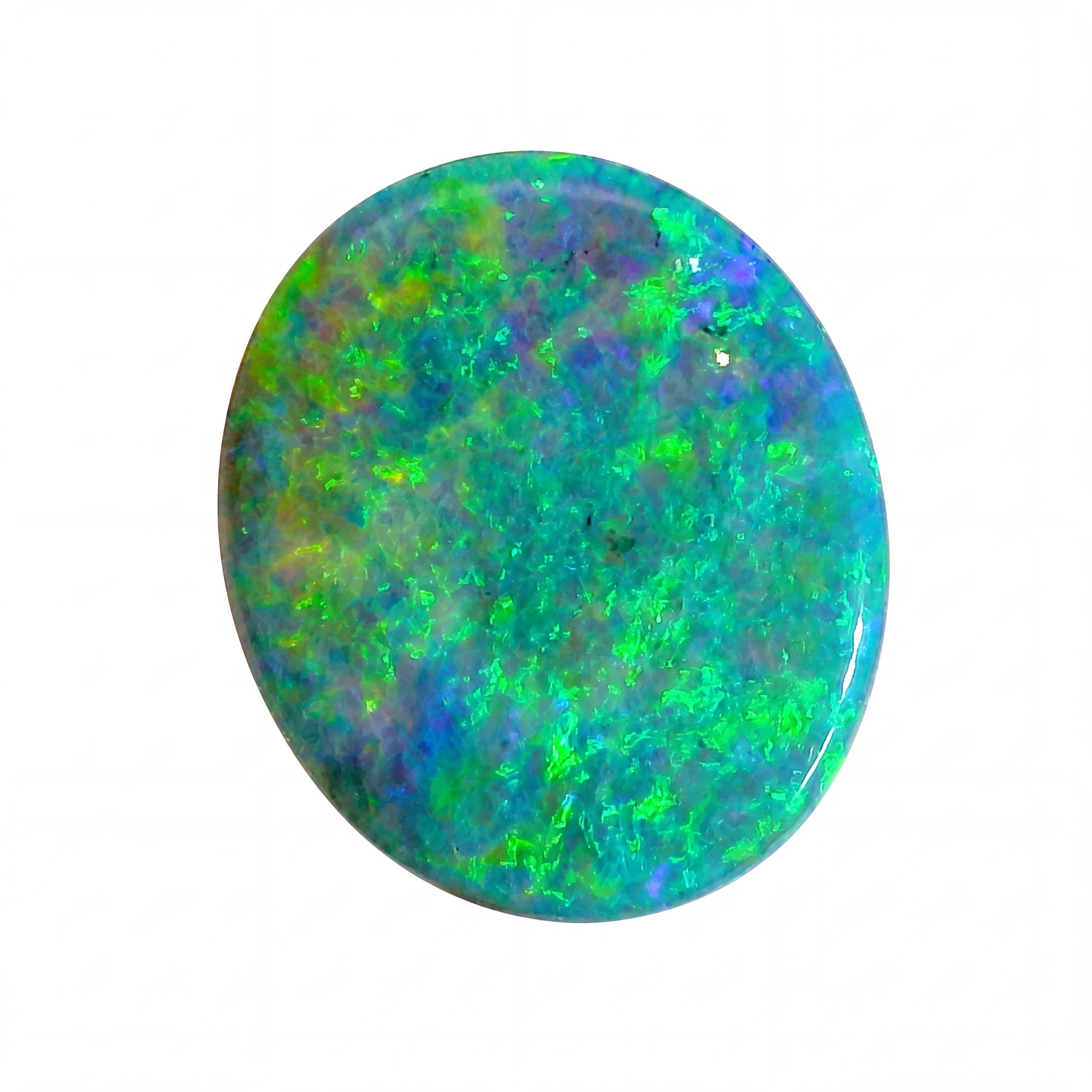Round opal stone with multicolour play of light on a white background