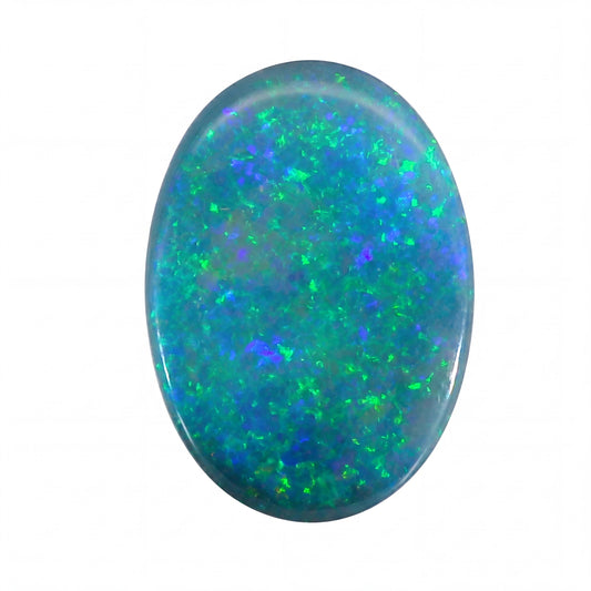 Oval-shaped opal stone with multicolour play on a white background
