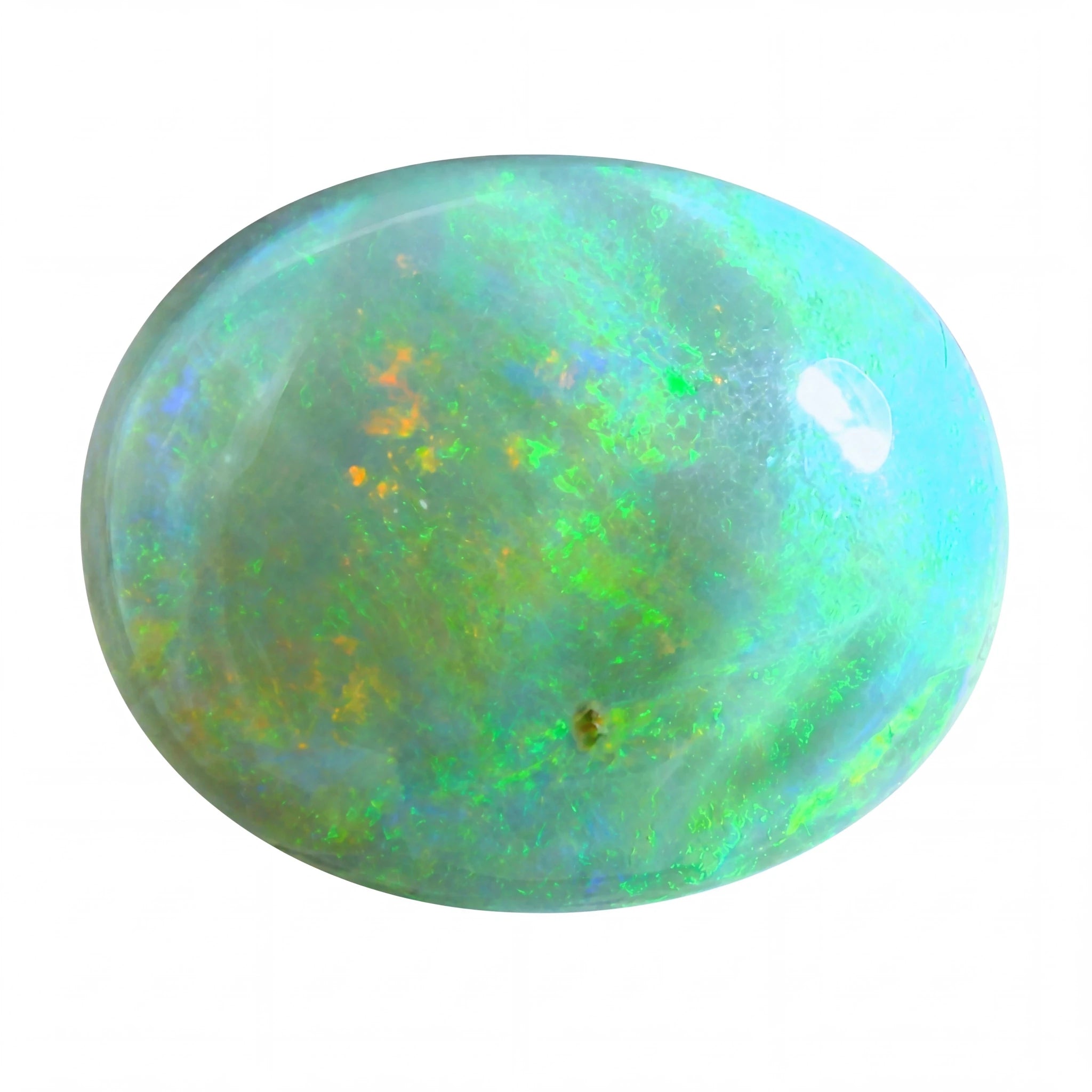 Opal stone with multicoloured patterns on a white background