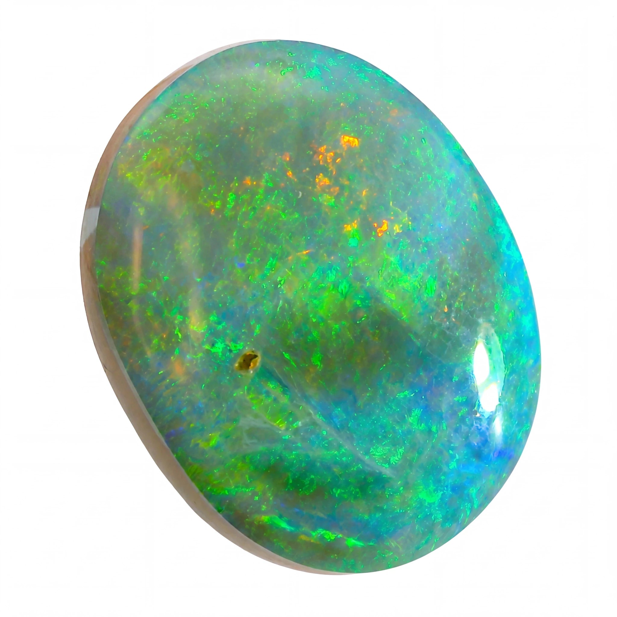 Opal stone with multicolour play of light on a white background