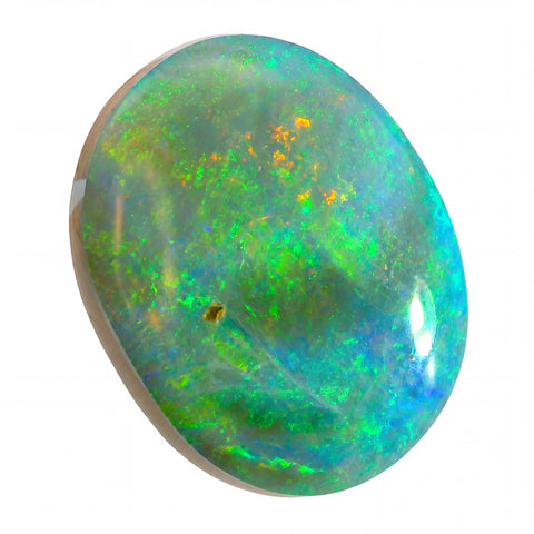 Opal stone with multicolour play of light on a white background