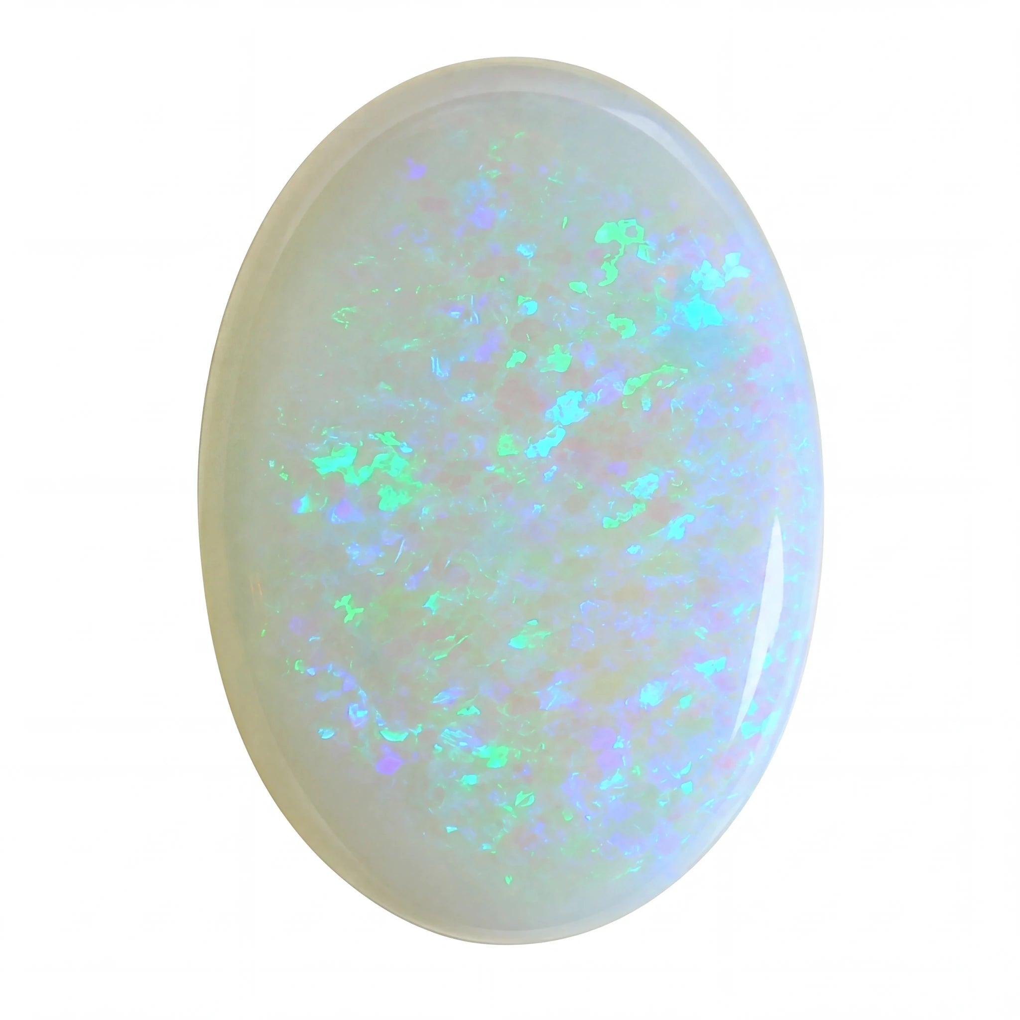 Opal stone with multicoloured fluorescence on a white background