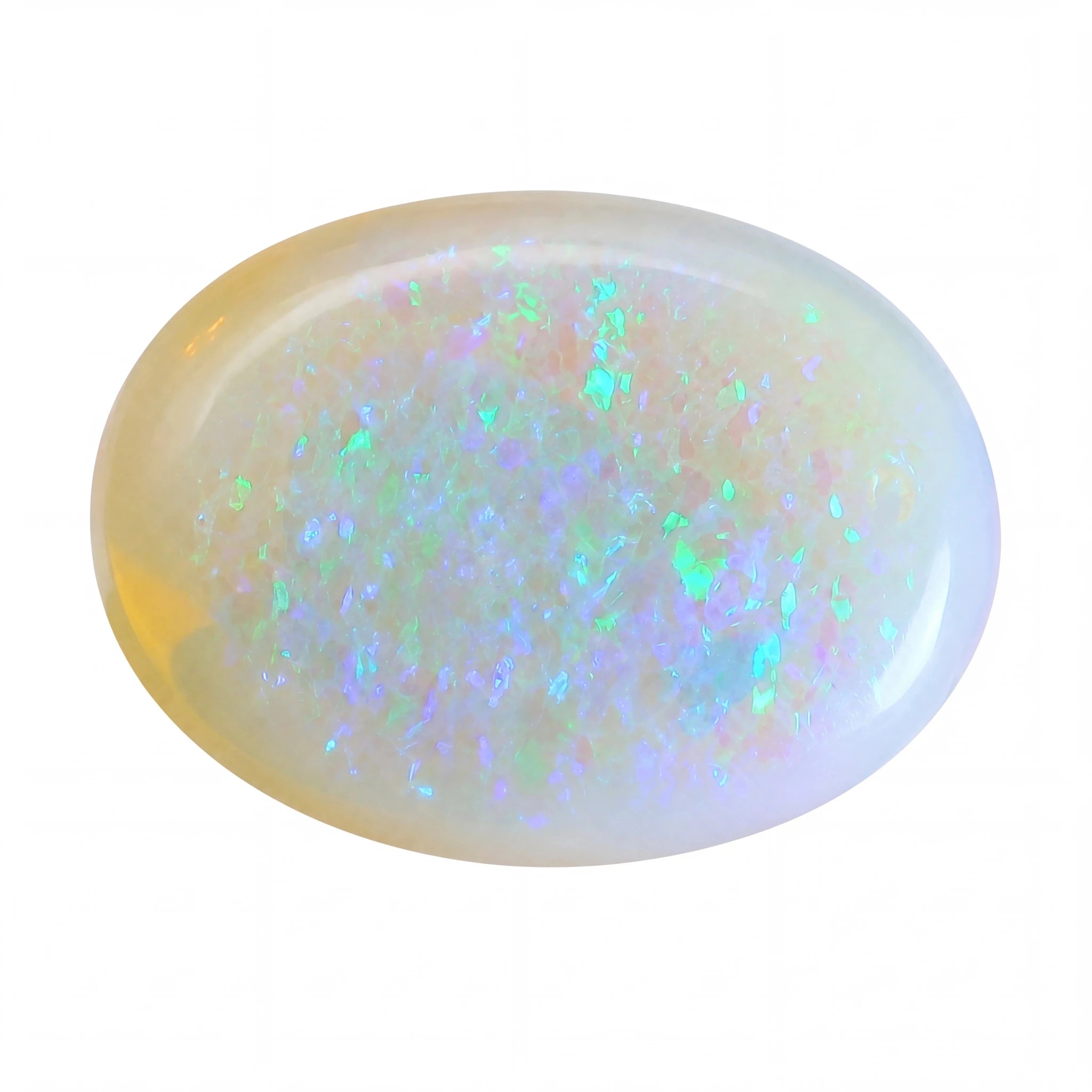 Opal stone with multicoloured fluorescence on a white background