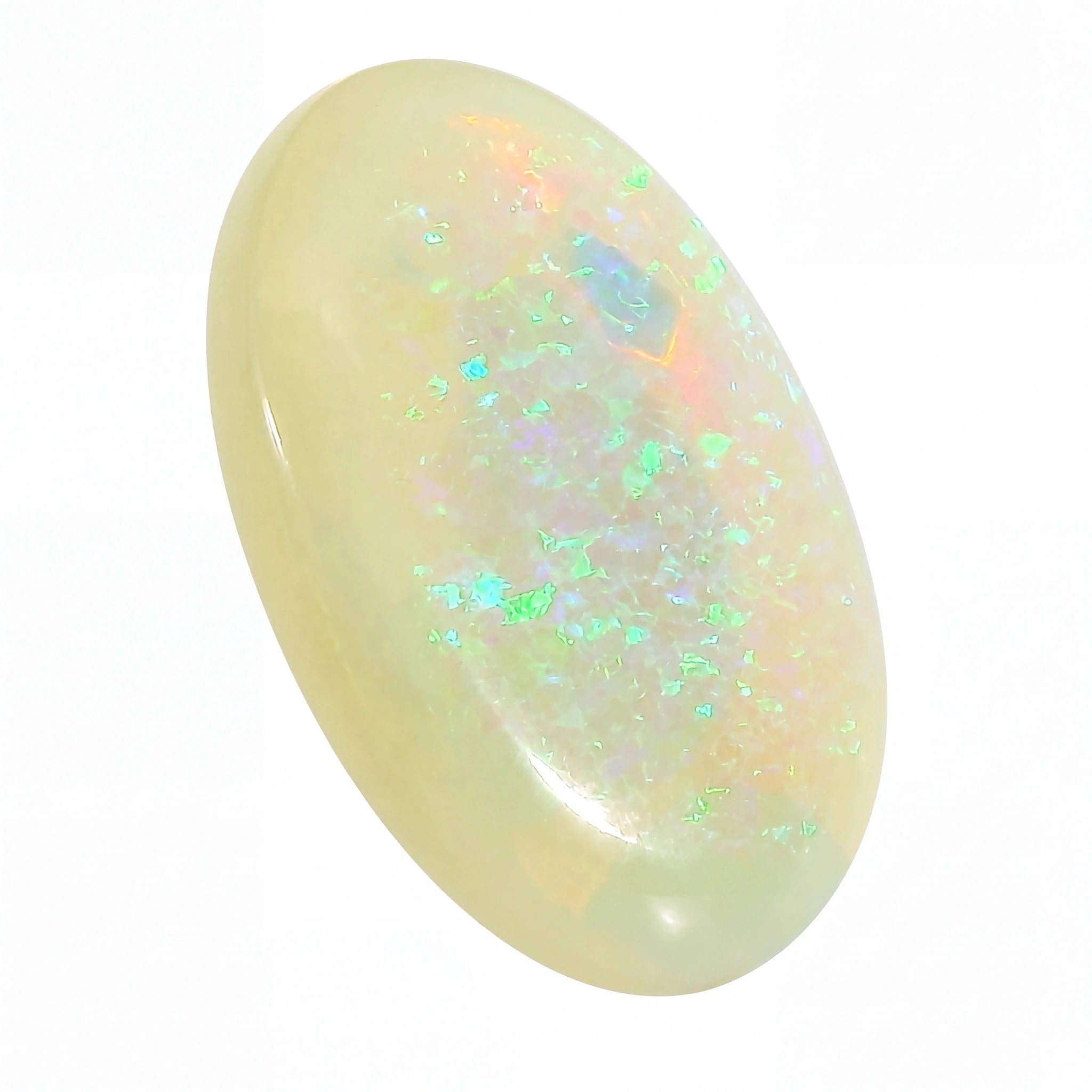 Opal stone with multicoloured play of light on a white background