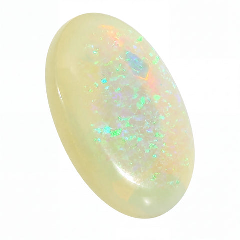 Opal stone with multicoloured play of light on a white background