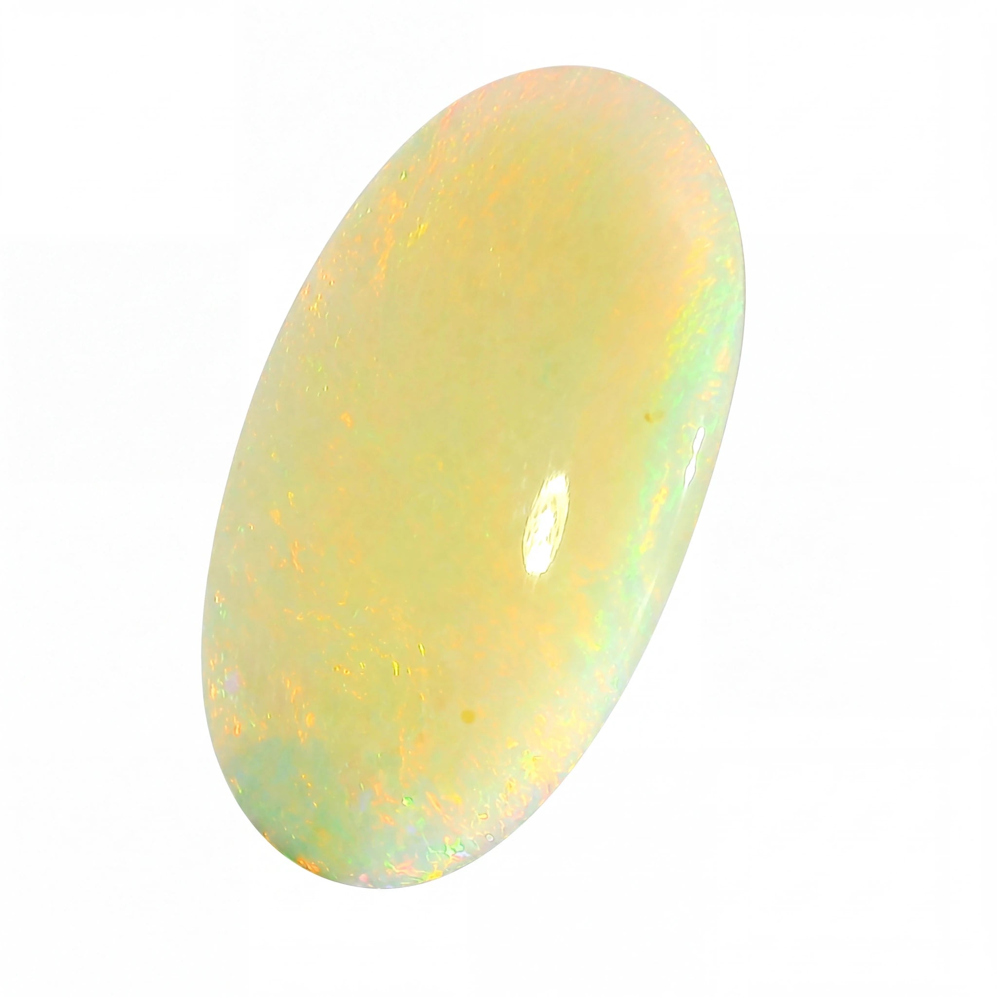 Opal stone with a yellowish hue on a white background