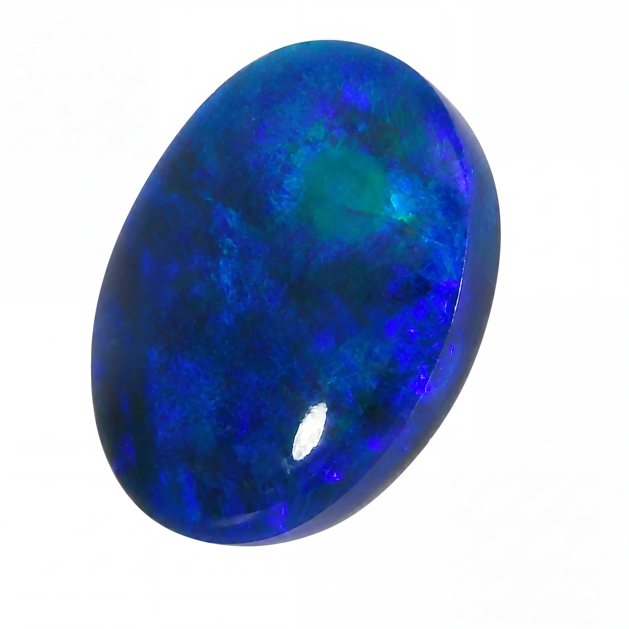 Oval-shaped blue gemstone on a white background