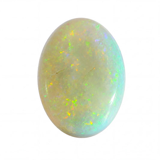 Opal stone with multicoloured play of light on a white background