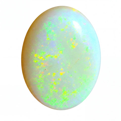 Opal gemstone with green and yellow fluorescence on a white background