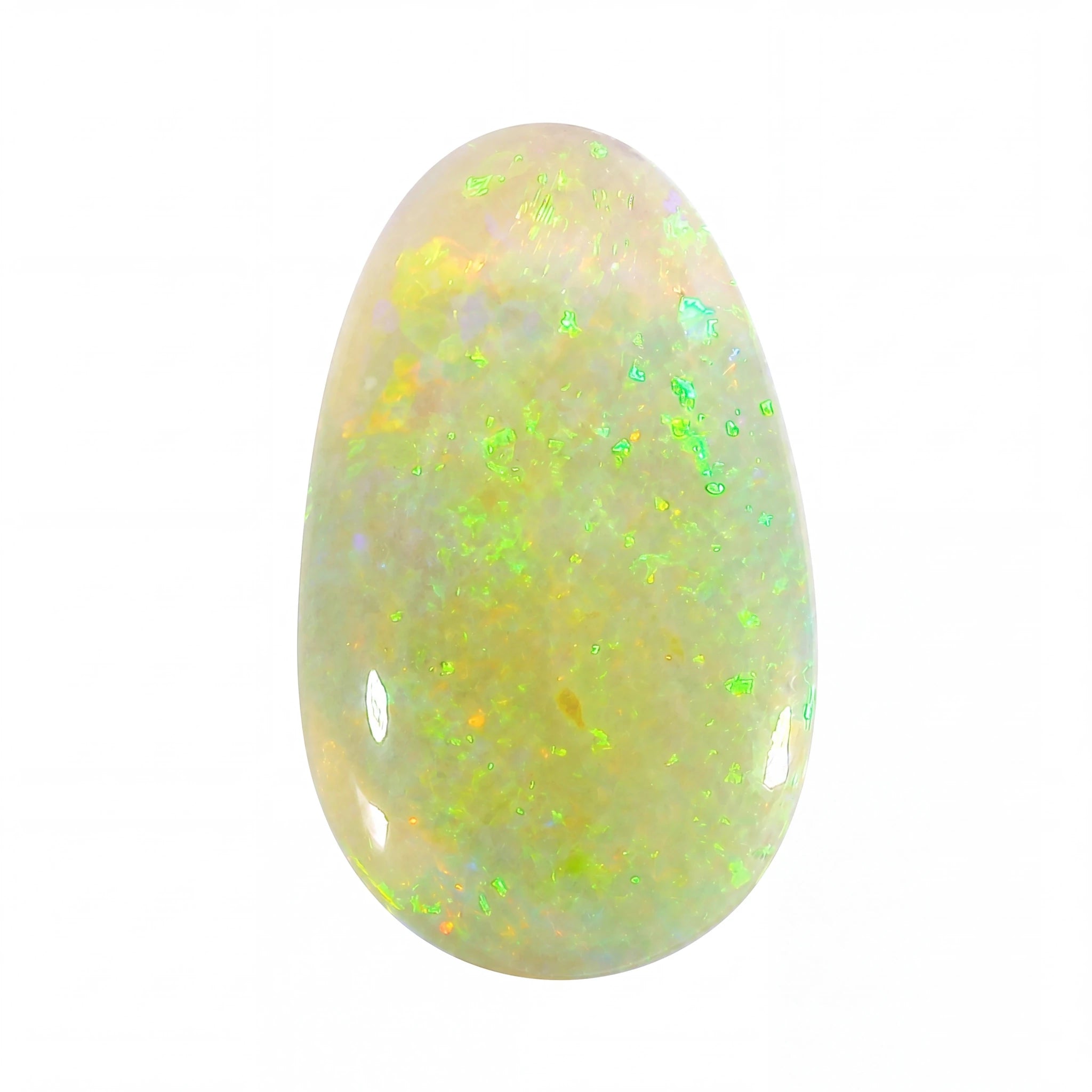 Opal stone with green and yellow speckles on a white background