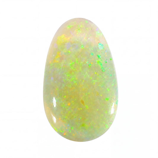 Opal stone with green and yellow speckles on a white background