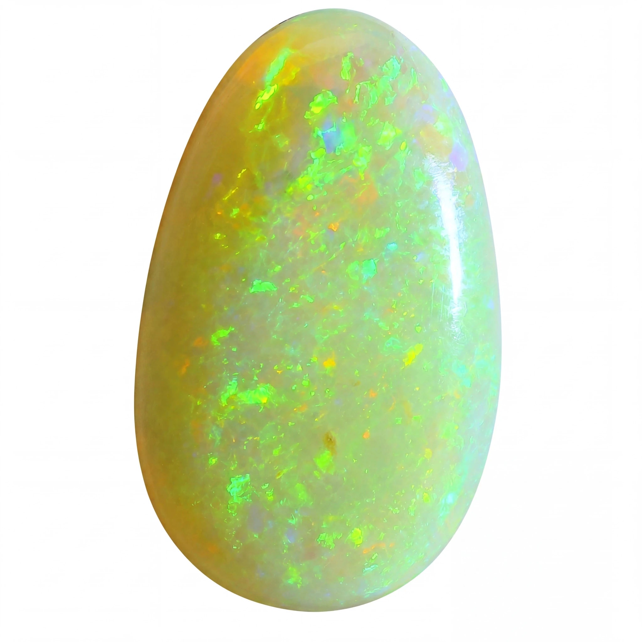 Opal stone with multicoloured play of light on a white background